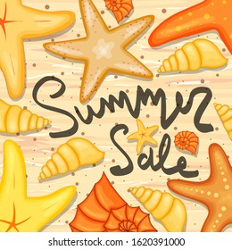 Starfish and sea shells and a label template about summer discounts and sales.