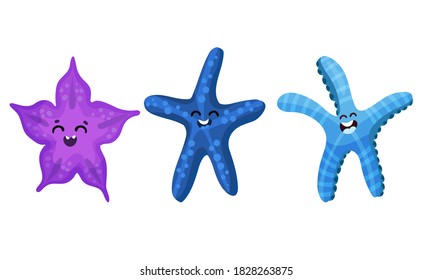 Starfish or Sea Star Smiling and Waving Arms Vector Set