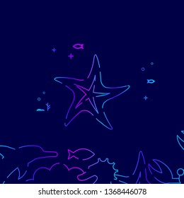 Starfish, Sea Star Vector Line Illustration. Marine Life, Underwater World, Sea Creature Gradient Icon, Symbol or Pictogram, Sign. Dark Blue Background. Related Bottom Border.