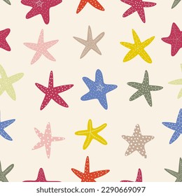 Starfish seamless pattern. Black silhouette. Atlantic star. Marine Animal Vector print.