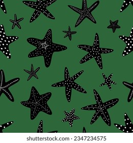 Starfish seamless pattern. Black silhouette. Atlantic star. Marine Animal Vector print.