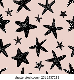 Starfish seamless pattern. Black silhouette. Atlantic star. Marine Animal Vector print.