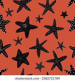 Starfish seamless pattern. Black silhouette. Atlantic star. Marine Animal Vector print.