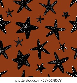 Starfish seamless pattern. Black silhouette. Atlantic star. Marine Animal Vector print.