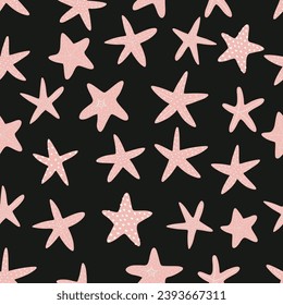 Starfish seamless pattern. Black silhouette. Atlantic star. Marine Animal Vector print.
