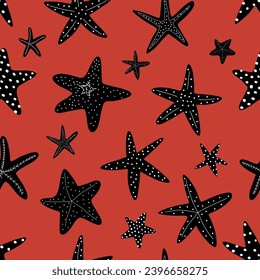 Starfish seamless pattern. Black silhouette. Atlantic star. Marine Animal Vector print.