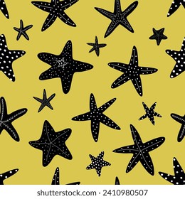 Starfish seamless pattern. Black silhouette. Atlantic star. Marine Animal Vector print.