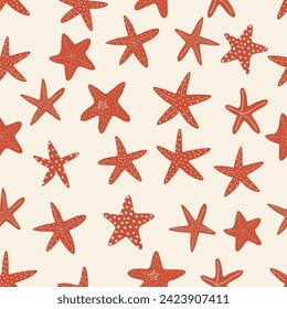 Starfish seamless pattern. Black silhouette. Atlantic star. Marine Animal Vector print.