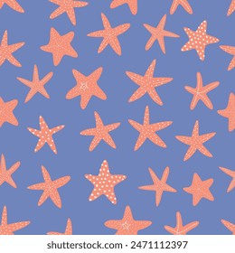 Starfish seamless pattern. Black silhouette. Atlantic star. Marine Animal Vector print.