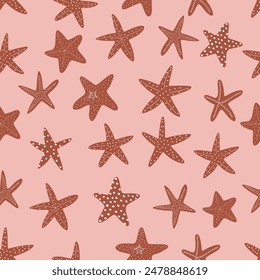 Starfish seamless pattern. Black silhouette. Atlantic star. Marine Animal Vector print.