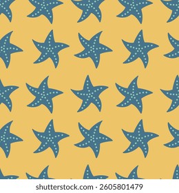 Starfish seamless pattern. Blue starfish on a yellow background. Summer vector illustration for fabric, cover, packaging, background, paper, fashion