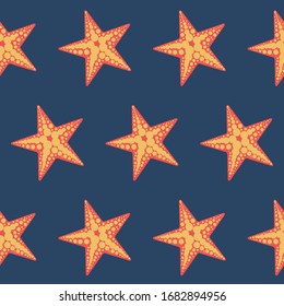 Starfish Seamless pattern. Bright and Colorful Ocean Starfishes on Blue Background. Vector Repeat Ornament.