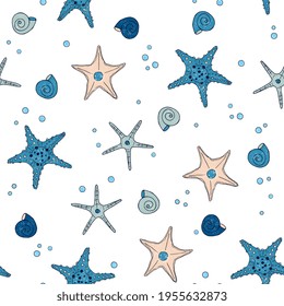 Starfish seamless pattern. Cute marine background. Hand drawing, doodle style.