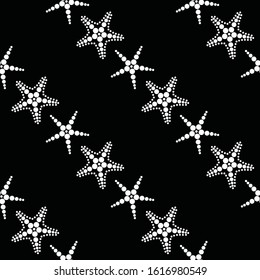 Starfish seamless pattern. Dotted mosaic shape of starfish. Maritime print. Black and white vector illustration, diagonal orientation.