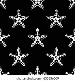 Starfish seamless pattern. Dotted mosaic shape of starfish. Maritime print. Abstract black and white mosaic background. Vector illustration.