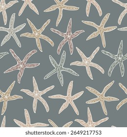 Starfish Seamless Pattern Hand Drawn Style. Abstract Seamless Background with Sea Animals Starfish. Ocean Design. Blue Sea Star Background. Vector illustration. Not AI