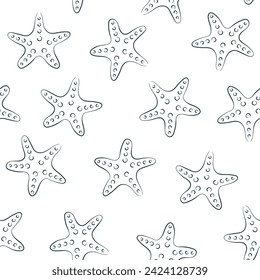 Starfish seamless pattern in line art style. Undersea design for wallpaper, wrapping, fabric and textile. Vector illustration on a white background.