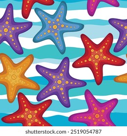 Starfish Seamless pattern on blue abstract wavy lines background	
