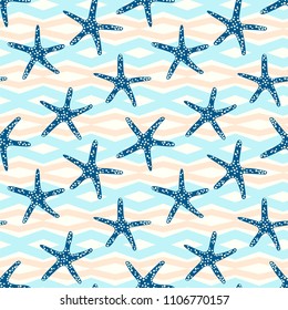 Starfish seamless pattern with on a  geometric line background. Tropical star fish pattern with modern style.