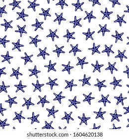 starfish seamless pattern on a white isolated background. doodles. Hand-drawn vector stock illustration. phantom blue, classic starfish blue