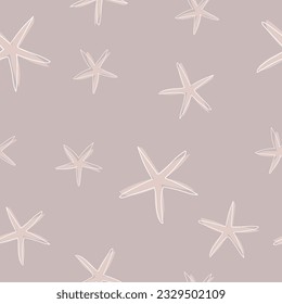 Starfish seamless pattern. Pattern with seastars in muted colors. One line drawing of a seastars. Hand drawn marine illustrations of starfishes. Summer tropical ocean beach style