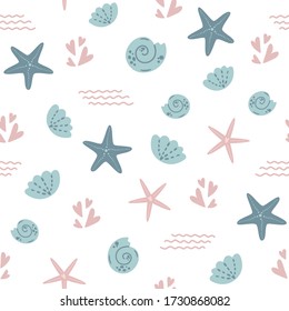 Starfish seamless pattern Summer sea star pattern, cute seashells light background. Nautical baby textile design Vector