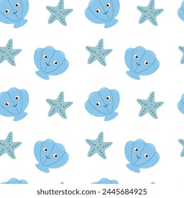 Starfish seamless pattern. Trendy cartoon seashell pattern with starfish for wrapping paper, wallpaper, stickers, notepad cover.