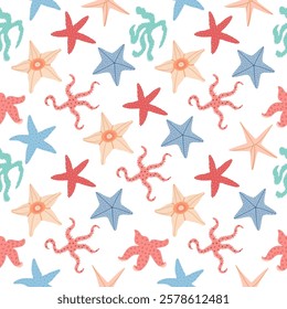 Starfish seamless pattern. Trendy pattern of starfish for wrapping paper, wallpaper, stickers, notebook cover.