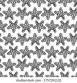 Starfish. Seamless vector pattern. Abstract background. Outline on an isolated colorless background. Inhabitant of the ocean. Marine invertebrate animal. Idea for cover, packaging, wallpaper, textile.