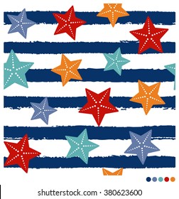 Starfish seamless vector pattern with striped background