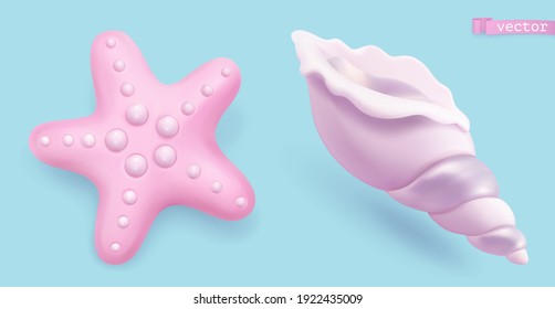 Starfish and seashell. 3d vector realistic icons