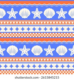 Starfish, seashell and geometric elements with stripes seamless pattern design for summer holidays background.