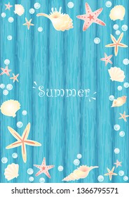 Starfish, seashell and pearl on ocean blue color wood wallpaper for decoration on summer events.