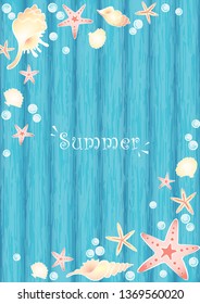 Starfish, seashell and pearl on ocean blue color wood wallpaper for decoration on summer events.