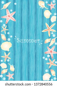 Starfish, seashell and pearl on ocean blue color wood wallpaper for decoration on summer events.