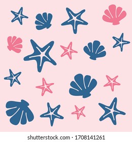 Starfish and seashell seamless pink pattern. Vector isolated cartoon pattern. Beautiful modern colorful illustration background for textile, tile, wallpaper, wrapping paper, t-shirt, bag, napkins