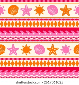 Starfish, seashell, sun and geometric elements with stripes seamless pattern design for summer holidays background.