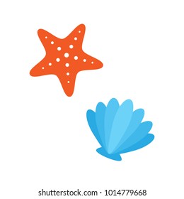 Starfish and seashell vector graphic illustrations, isolated. Orange marine starfish, blue scallop. Marine icon set.