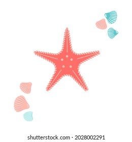Starfish and seashells isolated on white. Summer items  clip art. Trendy vector flat illustration. Design for web and print
