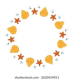 Starfish Seashells Marine Frame. Cute round beach Border Wreath with shells and bubbles. Travel, summer labels kids design. Vector illustration