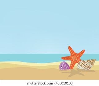 Starfish and seashells on the sand near the sea