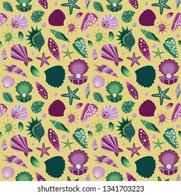 Starfish and seashells pattern in vintage colors. Ocean life aquatic seamless background with pearl sea shells, mollusks and clams for fabric and wrapping paper.