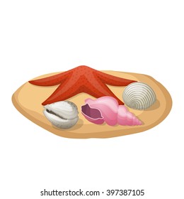 Starfish and seashells in the sand. Vector illustration
