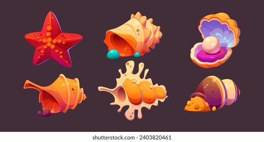 Starfish and seashells set isolated on black background. Vector cartoon illustration of marine beach or aquarium seabed design elements, mollusc, snail, oyster shells with pearl, souvenir collection