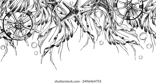 Starfish, seashells, ship s steering wheels, seaweed and bubbles. Marine illustration hand drawn line art graphics in black and white monochrome. Seamless border repeating pattern.
