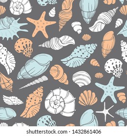 Starfish and seashells. Vector  seamless pattern.