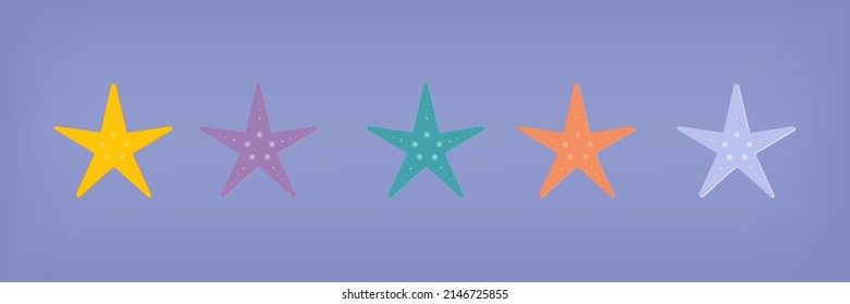 Starfish set 3d. Marine underwater creature hand drawn. Decorative element, the concept of the underwater world or summer holidays. Colorful starfish, travel, beach and sand, vector illustration.