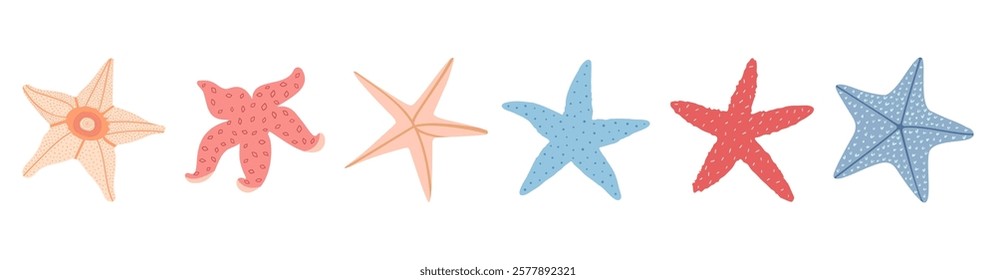 starfish set, mollusk. Trendy flat illustration of seashells collection isolated on white for stickers.