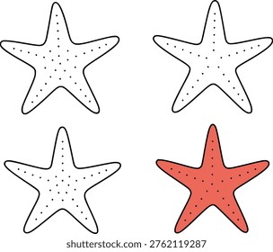 Starfish set vector illustration, in outline style, for animal themed coloring design, isolated on transparent background