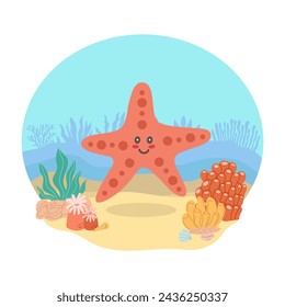 Starfish in the shape of a star animal against the backdrop of a sea or ocean landscape. Vector illustration